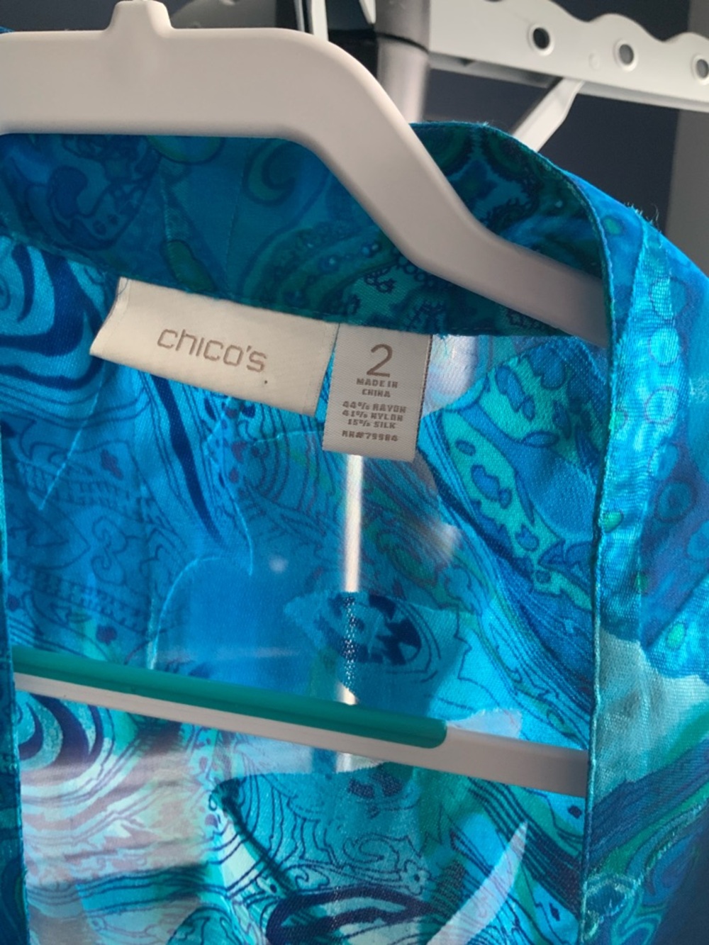 Sheer Blue Teal Printed Open Kimono. Chico’s Size 2 - Picture 3 of 5